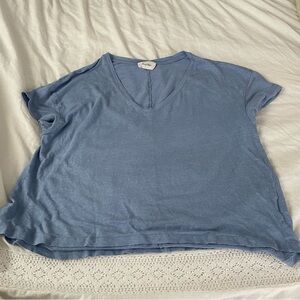 American Vintage M/L Oversized Boxy V-Neck Linen Tee Paris French France Blue